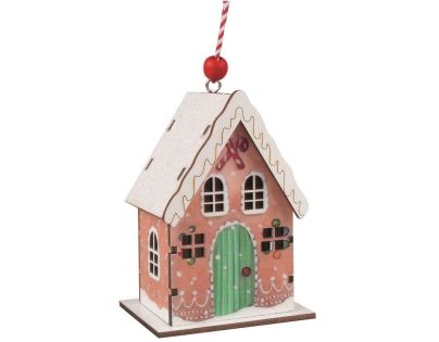 Anděl Přerov Drevený domček farebný s glitrami na zavesenie 7 x 9,5 x 5 cm