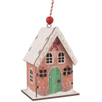 Anděl Přerov Drevený domček farebný s glitrami na zavesenie 7 x 9,5 x 5 cm