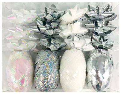 Anděl Přerov Súprava na balenie darčekov strieborna, rozeta 5 x 2 x 5 cm 12 ks, stuha 0,5 cm x 10 m 4 ks