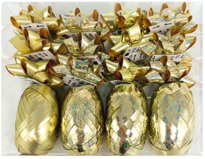 Anděl Přerov Súprava na balenie darčekov zlatá, rozeta 5 x 2 x 5 cm 12 ks, stuha 0,5 cm x 10 m 4 ks