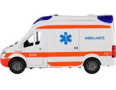 Auto ambulancia plast 26 cm s lehátkom na zotrvačník so svetlom so zvukom