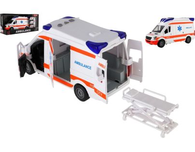 Auto ambulancia plast 26 cm s lehátkom na zotrvačník so svetlom so zvukom