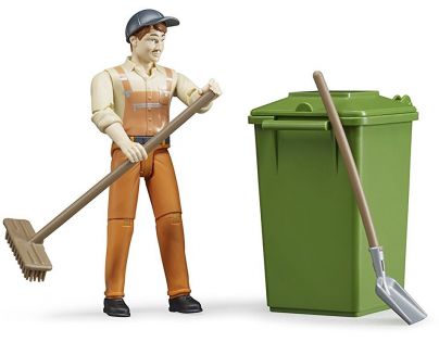 Bruder 62140 Figúrka smetiar s nádobou na kolieskach a náradím