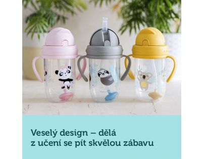 Canpol babies Nevylievací hrnček so slamkou a závažím Exotic Animals 270 ml žltý