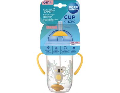 Canpol babies Nevylievací hrnček so slamkou a závažím Exotic Animals 270 ml žltý