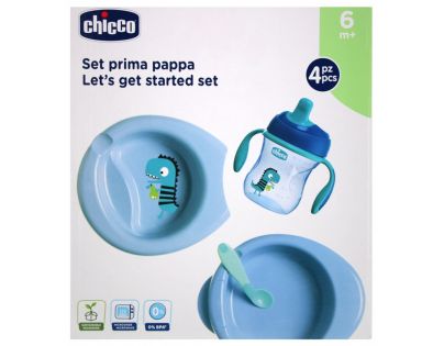 Chicco Jedálenský set tanier, lyžička a hrnček modrý