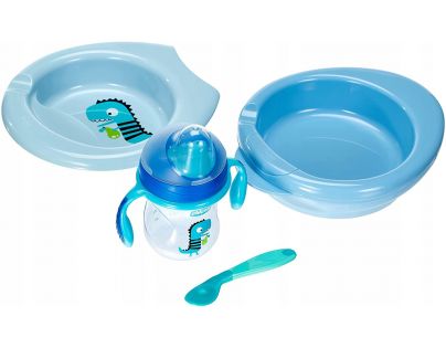 Chicco Jedálenský set tanier, lyžička a hrnček modrý