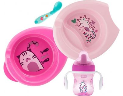Chicco Jedálenský set tanier, lyžička a hrnček ružový