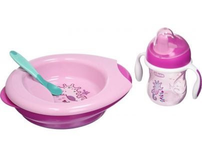 Chicco Jedálenský set tanier, lyžička a hrnček ružový
