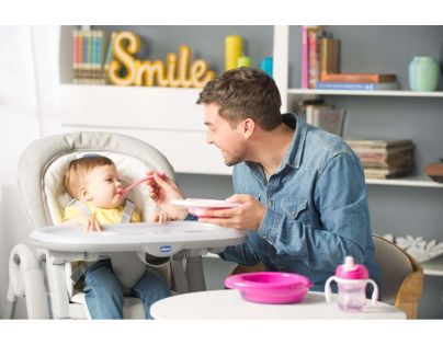Chicco Jedálenský set tanier, lyžička a hrnček ružový