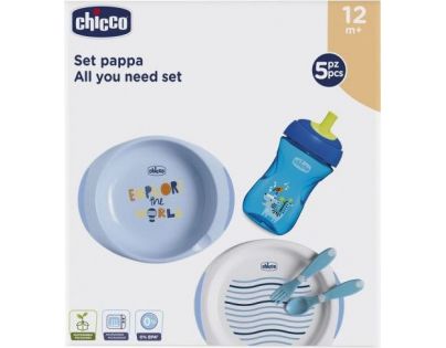 Chicco Jedálenský set tanier, príbor a fľaša Set modrý