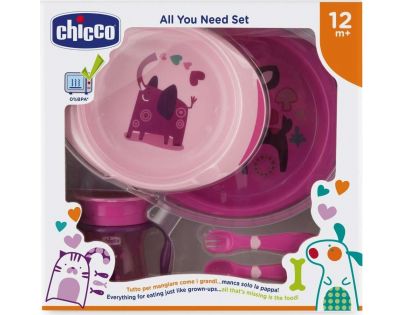 Chicco Jedálenský set tanier, príbor a hrnček ružový