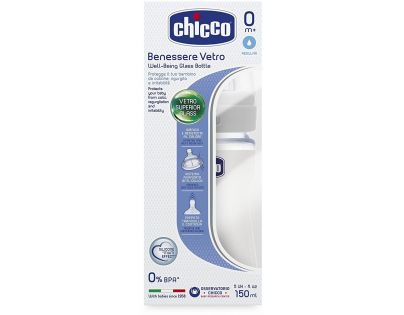 Chicco Fľaša Well Being sklenená so silikónovým cumlíkom biela 150 ml