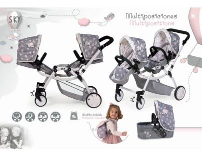 DeCuevas 80335 Skladací kočík pre dvojičky bábiky 3 v 1 s batôžkom SKY 2020 - 81 cm