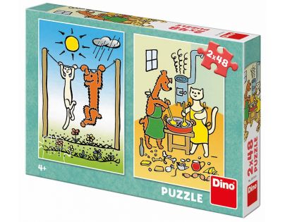 Dino Puzzle Psík a mačička Ako sušili bielizeň 2 x 48 dielikov