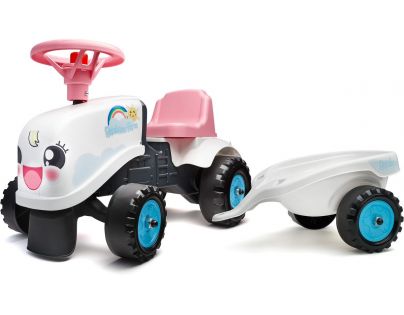 Falk Odstrkovadlo traktor Rainbow bielo ružový s volantom a vlečkou