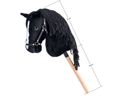 Hobby horse Cortez, čierny kôň na tyči, povrázková hriva