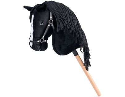 Hobby horse Cortez, čierny kôň na tyči, povrázková hriva
