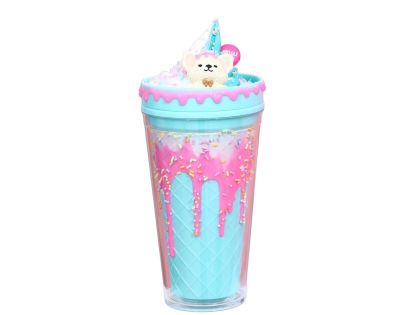 Pohár s viečkom a slamkou Zmrzlinový Medvídek 480ml modrý