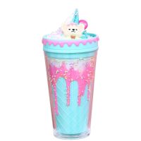 Pohár s viečkom a slamkou Zmrzlinový Medvídek 480ml modrý