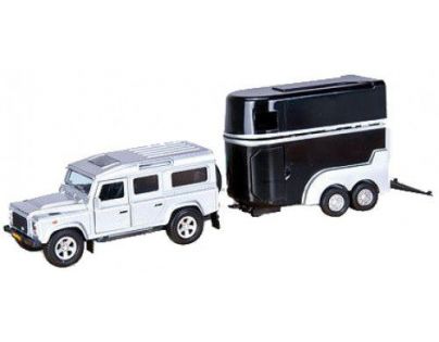 Kids Globe Land Rover Defender s přívěsem pro koně - Stříbrné auto černý přívěs
