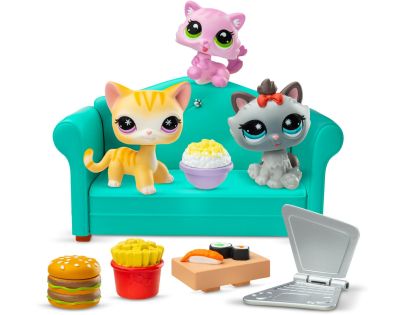 Littlest Pet Shop Bufet – sada 3 figúrok (oranžová mačka, mačiatko, sivá mačka)