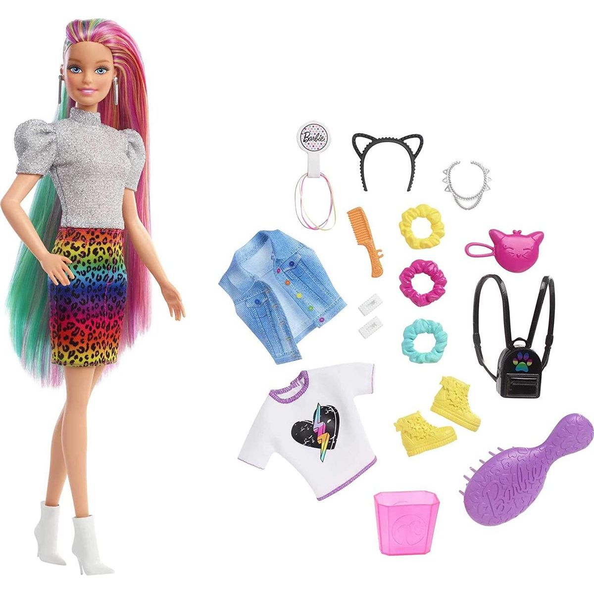 Mattel Barbie Leopardí bábika s dúhovými vlasmi a doplnky