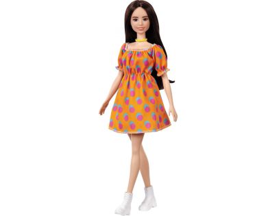 Mattel Barbie modelka oranžové šaty s bodkami