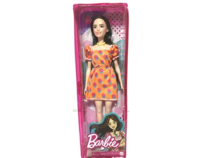 Mattel Barbie modelka oranžové šaty s bodkami