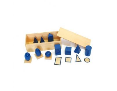 Montessori Geometrické telesá s podstavcami a krabicou