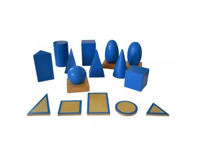 Montessori Geometrické telesá s podstavcami a krabicou