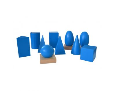 Montessori Geometrické telesá s podstavcami a krabicou