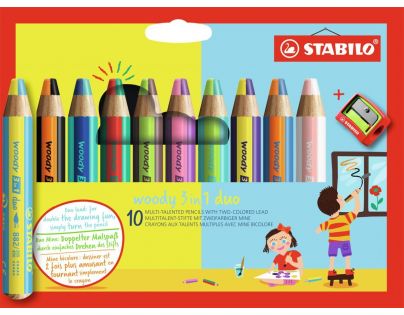 Pastelka, vodovka & voskovka v jednom - STABILO woody 3 in 1 duo - dvojfarebná tuha - 10 ks súprava so strúhadlom