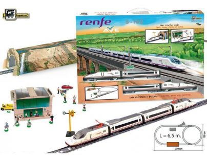 Pequetren Vysokorýchlostný vlak Renfe Ave s horským tunelom a stanicou