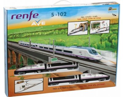 Pequetren Vysokorýchlostný vlak Renfe Ave s horským tunelom a stanicou
