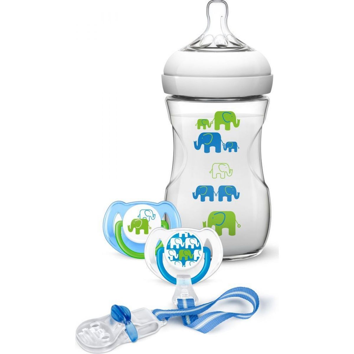 Philips Avent Sada fľaša 260 ml + cumlík 2 ks + pásik k cumlíku s potlačou slonov modrá