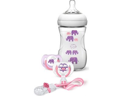 Philips Avent sada láhev 260 ml šidítko 2 ks pásek k šidítku s potiskem slonů růžová