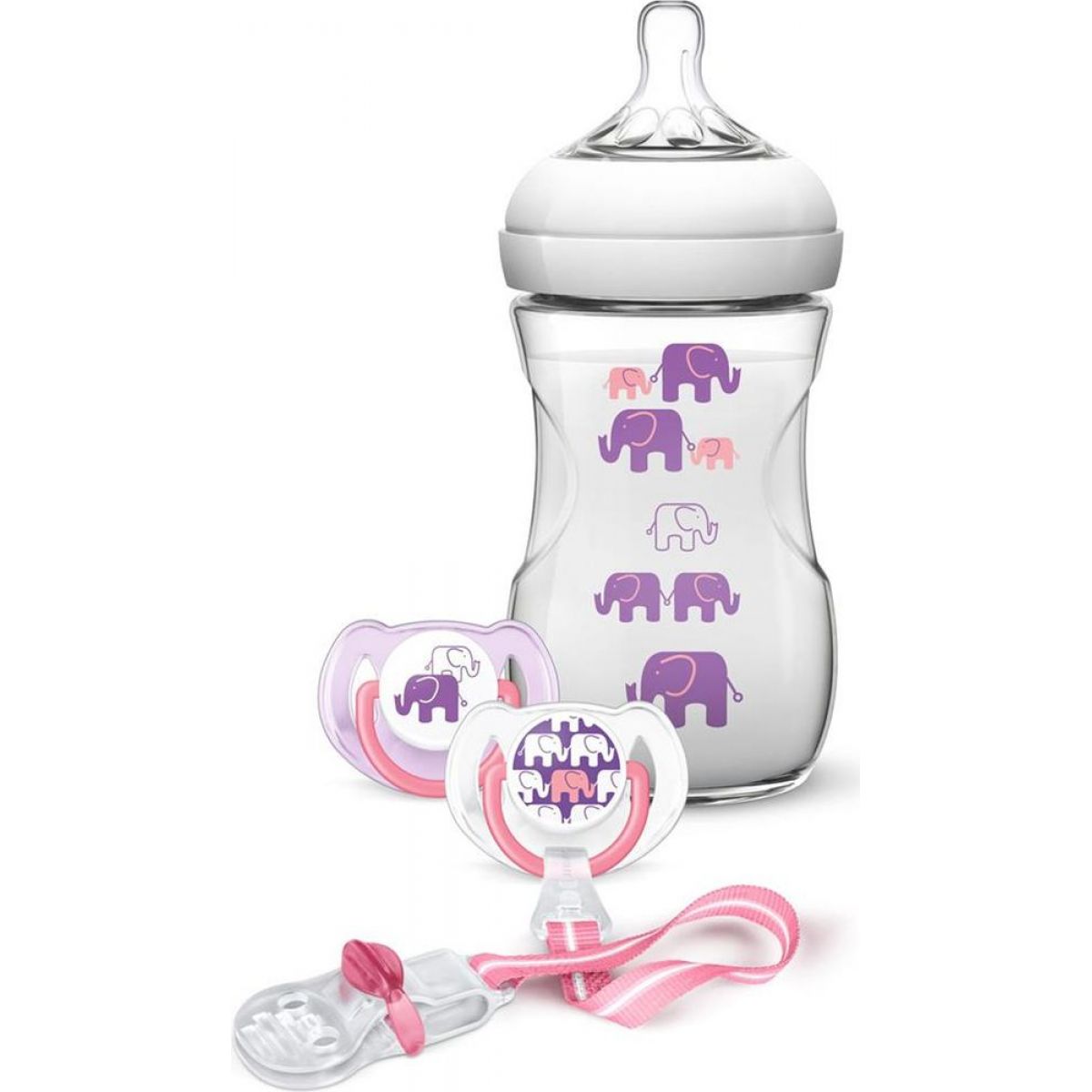 Philips Avent sada láhev 260 ml šidítko 2 ks pásek k šidítku s potiskem slonů růžová