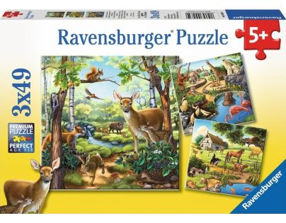 Ravensburger Puzzle Zvieratá v Zoo, lese alebo v dome 3 x 49 dielikov