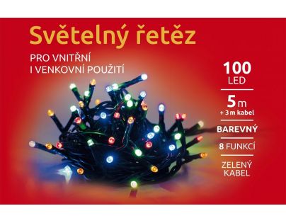 Reťaz svetelný 100 LED 5 m farebná zelený kábel 8 funkcií