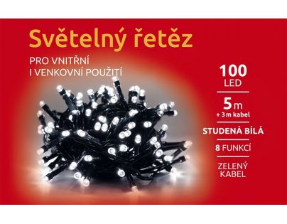 Reťaz svetelný 100 LED 5 m studená biela zelený kábel 8 funkcií