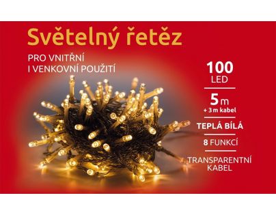 Reťaz svetelný 100 LED 5 m teplá biela transparent kábel 8 funkcií
