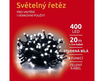 Reťaz svetelný 400 LED 20 m studená biela 8 funkcií