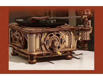 RoboTime 3D drevené mechanické puzzle Gramofón elektrický pohon
