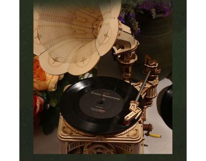 RoboTime 3D drevené mechanické puzzle Gramofón elektrický pohon