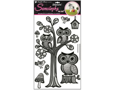 Samolepky na stenu strom sa sovami s rastrom 50x32cm