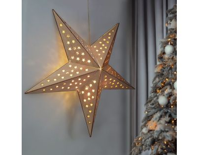 Solight LED drevená vianočná hviezda, závesná, časovač, 65cm, 20x LED, 2x AA