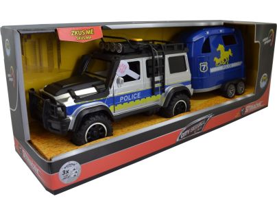 Sparkys CITY SERVICE CAR - 1:14 - Policajné auto s prívesom a koňom (so zvukom a svetlami)