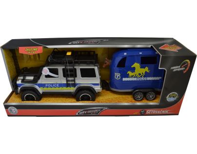 Sparkys CITY SERVICE CAR - 1:14 - Policajné auto s prívesom a koňom (so zvukom a svetlami)