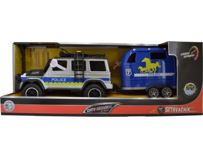 Sparkys CITY SERVICE CAR - 1:14 - Policajné auto s prívesom a koňom (so zvukom a svetlami)